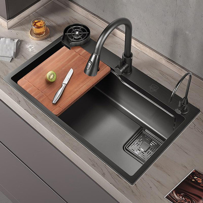 Large Single Slot Multifunction Sink Anti-Scratch LED Digital Display Stainless Steel Waterfall Kitchen Sink With Cup Wa