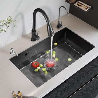 Large Single Slot Multifunction Sink Anti-Scratch LED Digital Display Stainless Steel Waterfall Kitchen Sink With Cup Wa