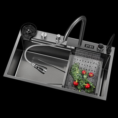 Multifunction Kitchen Sinks 304 Stainless Steel Kitchen Sink Faucet Modern Black Waterfall Rainfall Single Bowl Kitchen