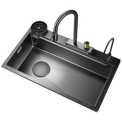 2024 Stainless Steel Kitchen Sink With 2 Piano Key Led Waterfall Faucet Large Single Slot Bionic Honeycomb Black Wash Ba