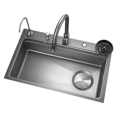 2024 Popular Large Single Slot Multifunction Stainless Steel Waterfall Kitchen Sink Anti-Scratch LED Digital Display